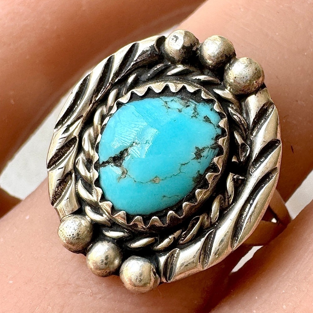 Navajo Turquoise Ring Sz 10.5 Sterling Begay Native American Tooled Rope Bezel‎